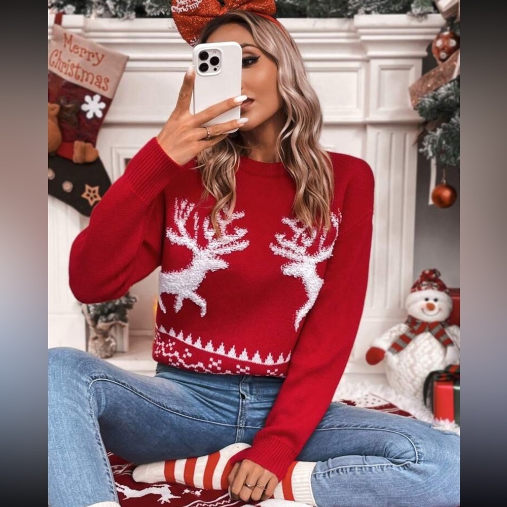 Festive Found Neck Ribbed Knick Drop Shoulder Red Reindeer Sweater